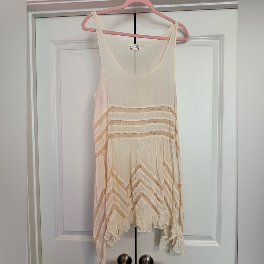 Free People Cream Tea Voile and Lace Slip Dress Tunic with Beige Trim